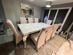 White Louis Dining Table With Pink Sofia Chairs