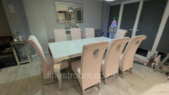 White Louis Dining Table With Pink Sofia Chairs