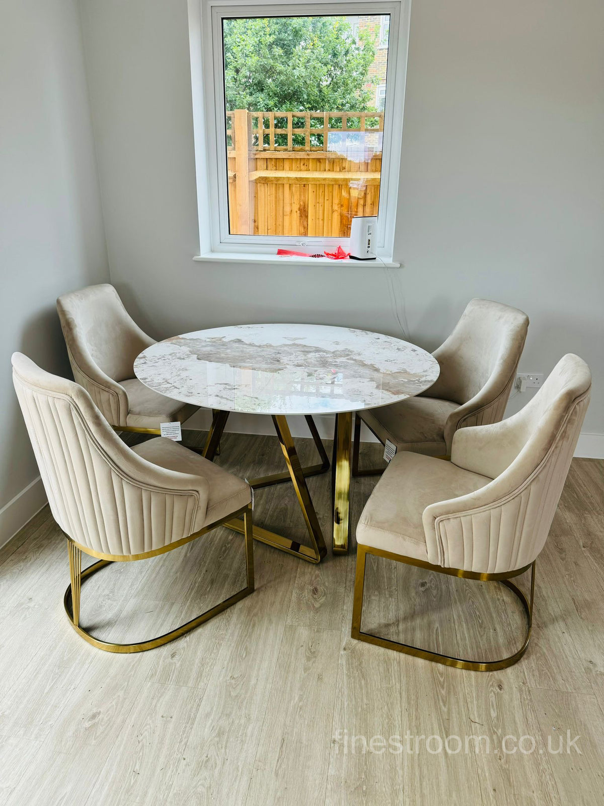 Nero Gold Pandora Round Dining Table With Chelmsford Gold Chairs