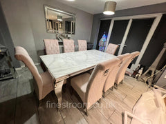 White Louis Dining Table With Pink Sofia Chairs