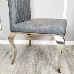 Grey Louis Dining Table With Dark Grey Leather Nicole Chairs