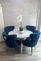 Grey Round Louis Dining Table With Navy Valentino Chairs