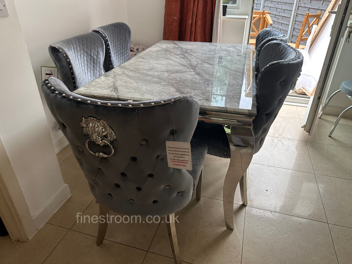 Grey Louis Dining Table With Chelsea Silver Shimmer Chairs