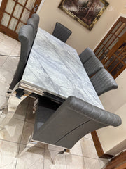 Grey Louis Dining Table With Dark Grey Leather Nicole Chairs