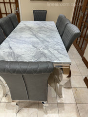 Grey Louis Dining Table With Dark Grey Leather Nicole Chairs