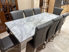 Grey Louis Dining Table With Dark Grey Leather Nicole Chairs