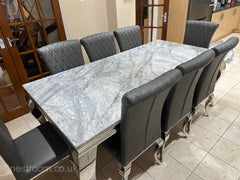 Grey Louis Dining Table With Dark Grey Leather Nicole Chairs