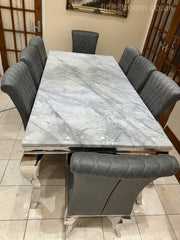 Grey Louis Dining Table With Dark Grey Leather Nicole Chairs