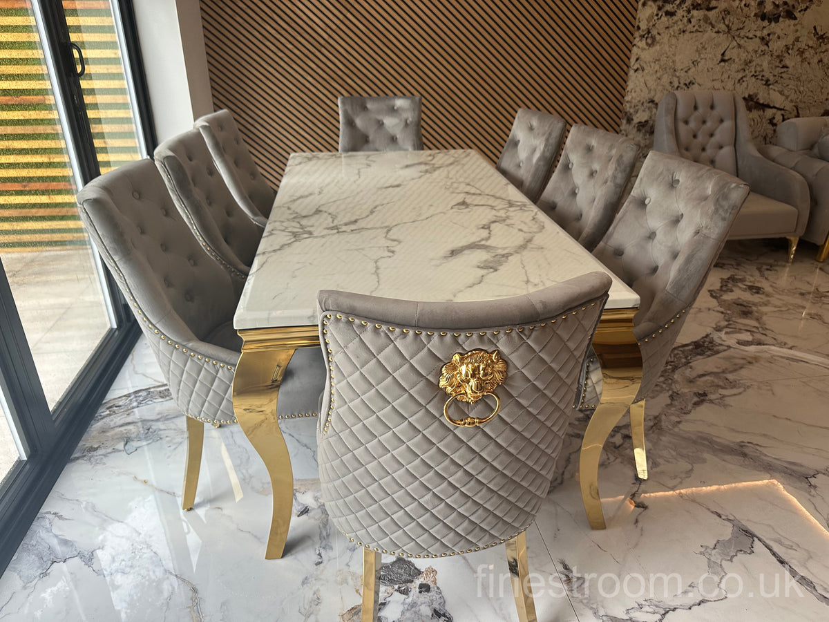 White Gold Louis Dining Table With Light Grey Gold Majestic Chairs