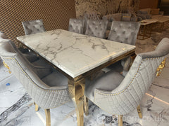 White Gold Louis Dining Table With Light Grey Gold Majestic Chairs