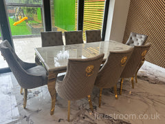 White Gold Louis Dining Table With Light Grey Gold Majestic Chairs