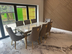 White Gold Louis Dining Table With Light Grey Gold Majestic Chairs