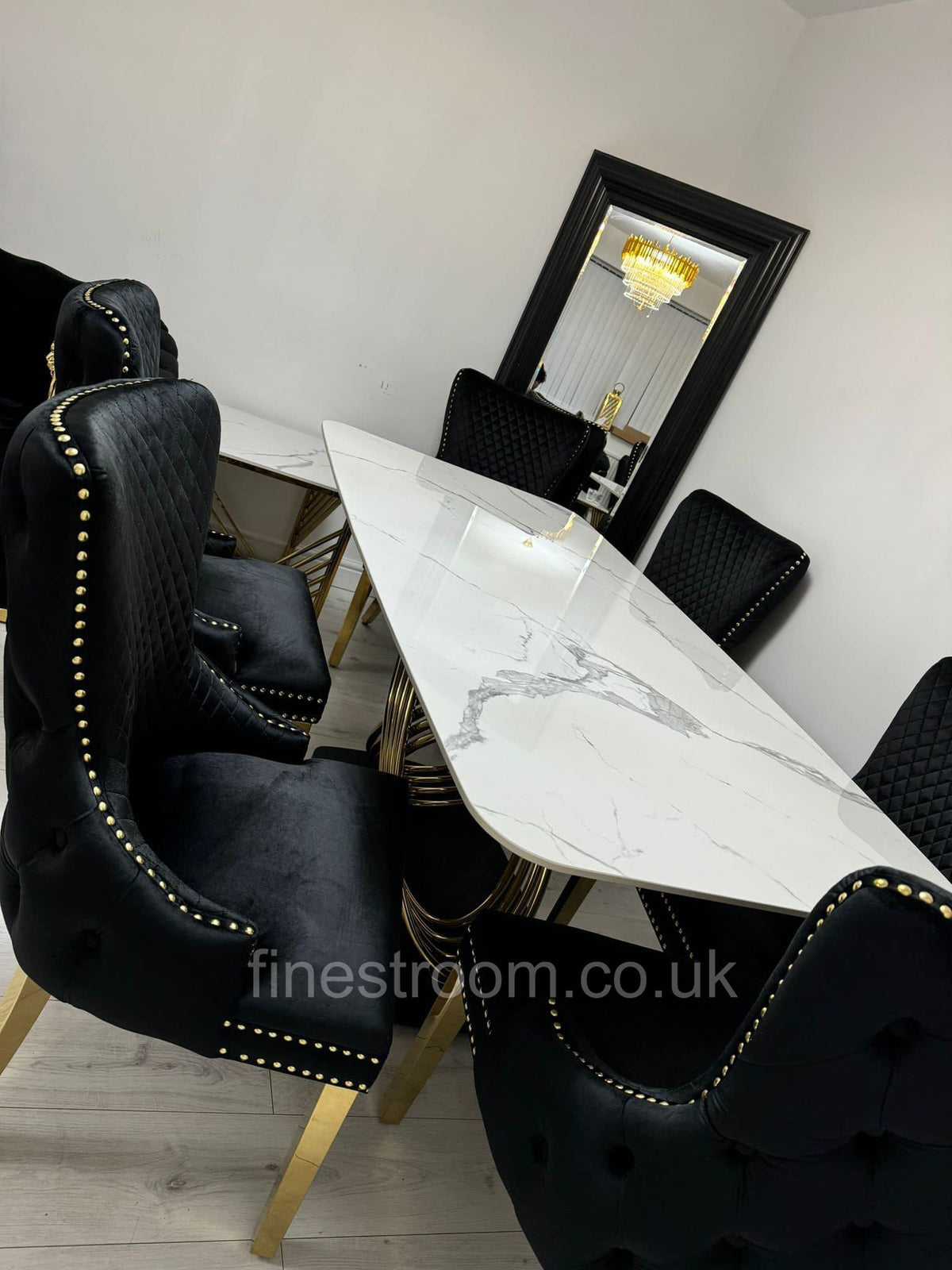 White Orion Gold Dining Table With Black Gold Lion Knocker Victoria Chairs