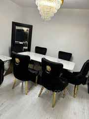 White Orion Gold Dining Table With Black Gold Lion Knocker Victoria Chairs