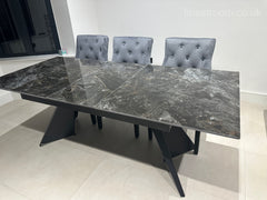 Black Marble Extendable Dining Table with Jessica Ring Knocker Black Legs Chairs