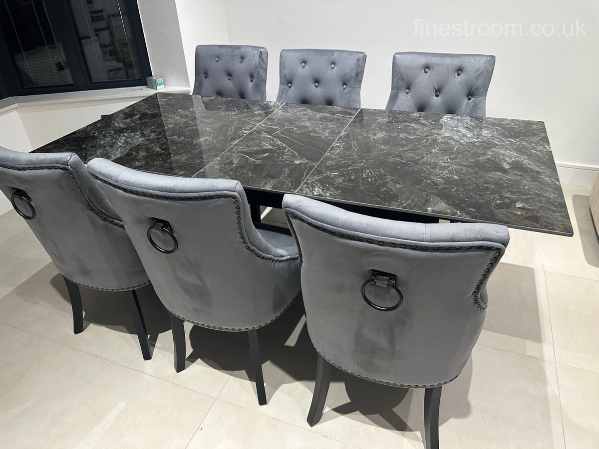 Black Marble Extendable Dining Table with Jessica Ring Knocker Black Legs Chairs