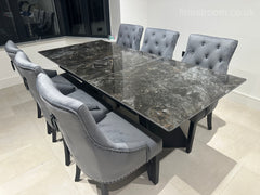 Black Marble Extendable Dining Table with Jessica Ring Knocker Black Legs Chairs