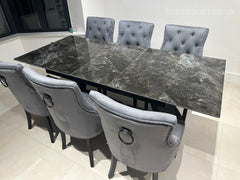 Black Marble Extendable Dining Table with Jessica Ring Knocker Black Legs Chairs