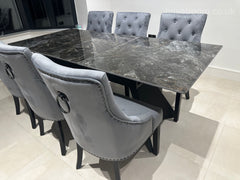 Black Marble Extendable Dining Table with Jessica Ring Knocker Black Legs Chairs