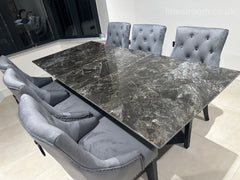 Black Marble Extendable Dining Table with Jessica Ring Knocker Black Legs Chairs