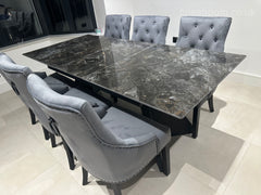 Black Marble Extendable Dining Table with Jessica Ring Knocker Black Legs Chairs