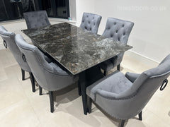 Black Marble Extendable Dining Table with Jessica Ring Knocker Black Legs Chairs