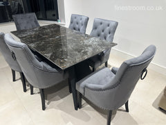 Black Marble Extendable Dining Table with Jessica Ring Knocker Black Legs Chairs