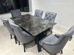 Black Marble Extendable Dining Table with Jessica Ring Knocker Black Legs Chairs