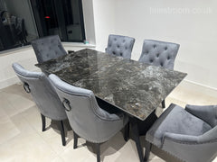 Black Marble Extendable Dining Table with Jessica Ring Knocker Black Legs Chairs