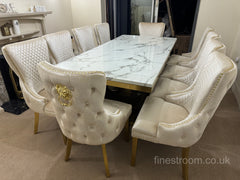 White Gold Monaco Dining Table With Cream Gold Lion Knocker Victoria Chairs