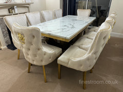 White Gold Monaco Dining Table With Cream Gold Lion Knocker Victoria Chairs