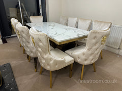 White Gold Monaco Dining Table With Cream Gold Lion Knocker Victoria Chairs