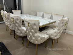 White Gold Monaco Dining Table With Cream Gold Lion Knocker Victoria Chairs