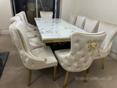 White Gold Monaco Dining Table With Cream Gold Lion Knocker Victoria Chairs