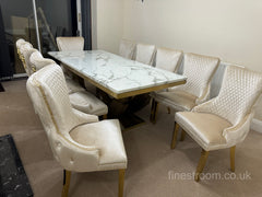 White Gold Monaco Dining Table With Cream Gold Lion Knocker Victoria Chairs