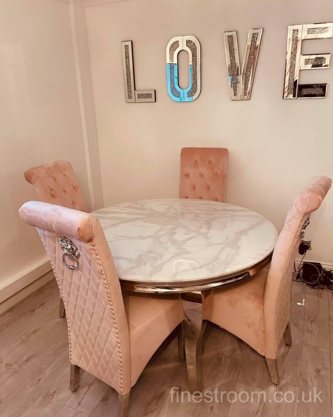 1.3m Round White Louis Dining Table with Pink Sofia Chairs