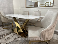 White Valeo Gold Dining Table With Chelmsford Gold Chairs