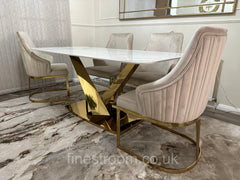 White Valeo Gold Dining Table With Chelmsford Gold Chairs