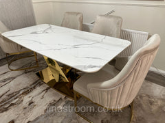 White Valeo Gold Dining Table With Chelmsford Gold Chairs