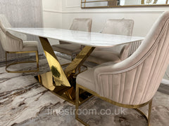 White Valeo Gold Dining Table With Chelmsford Gold Chairs