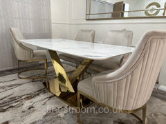 White Valeo Gold Dining Table With Chelmsford Gold Chairs