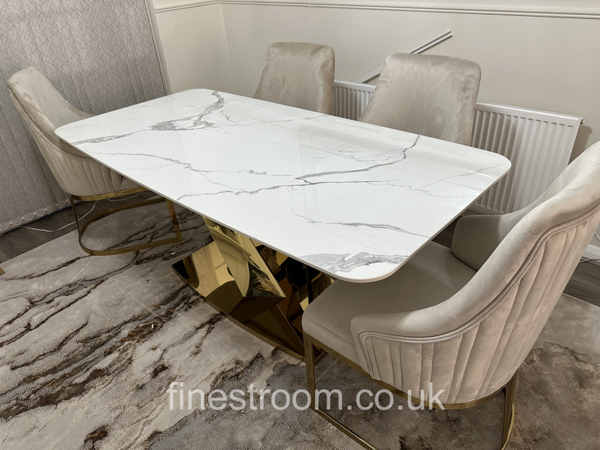 White Valeo Gold Dining Table With Chelmsford Gold Chairs