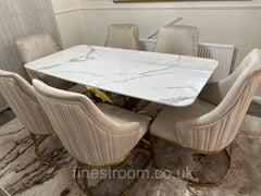 White Valeo Gold Dining Table With Chelmsford Gold Chairs