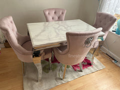 White Louis Dining Table With Pink Megan Chairs