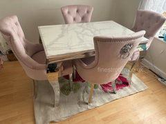 White Louis Dining Table With Pink Megan Chairs