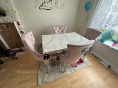 White Louis Dining Table With Pink Megan Chairs