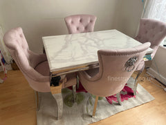 White Louis Dining Table With Pink Megan Chairs