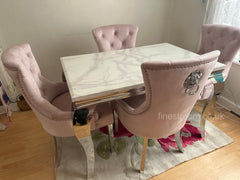 White Louis Dining Table With Pink Megan Chairs