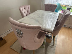 White Louis Dining Table With Pink Megan Chairs