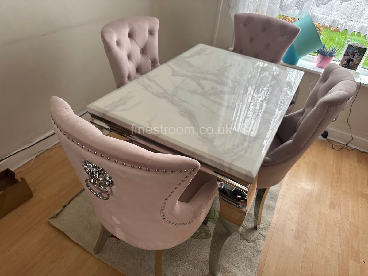 White Louis Dining Table With Pink Megan Chairs